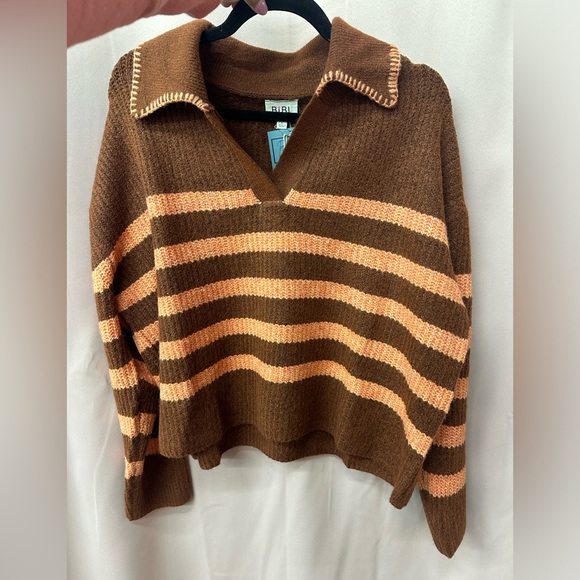 BiBi Tops - BiBi Brown Sweater with Peach Stripes V-Neck Collar